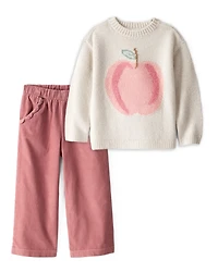 Toddler Girl 2-Piece Apple Long-Sleeve Sweater & Corduroy Pants Set - Ivory/PInk