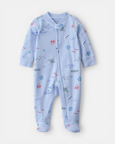 Baby Sea Animals 2-Way Zip 100% Cotton Sleep & Play Pajama - Blue
