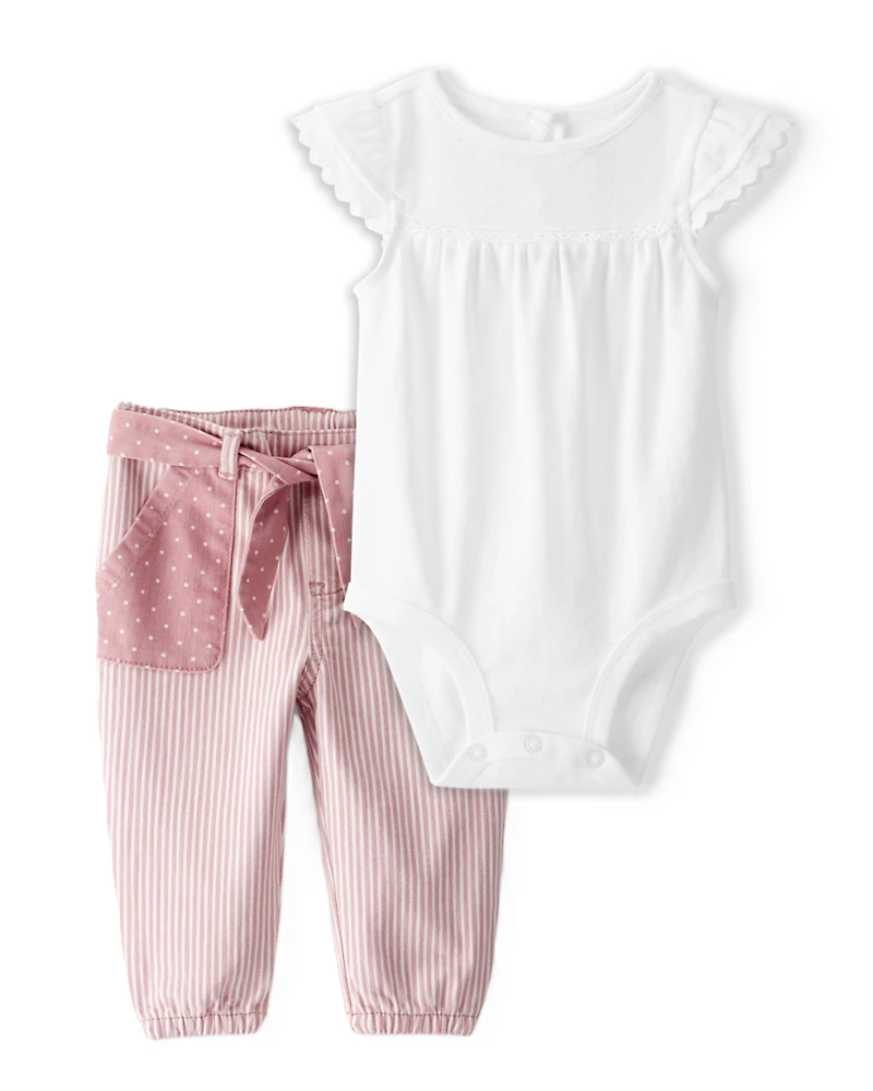 Baby Girl 2-Piece Pointelle Bodysuit & Vintage Hickory Pants Set - White/Pink