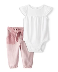 Baby Girl 2-Piece Pointelle Bodysuit & Vintage Hickory Pants Set - White/Pink