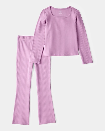 Kid 2-Piece Ribbed Long-Sleeve Tee & Flare Pant Set - Purple