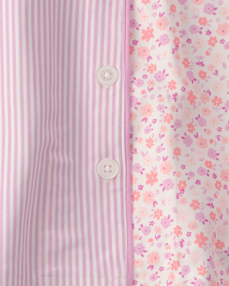 Girls Floral Stripe Short-Sleeve Loose Fit 2-Piece Pajama Set - Pink