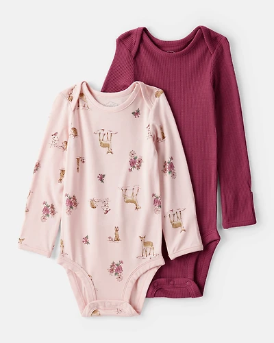 Baby Girl 2-Pack Deer & Floral Print PurelySoft Long-Sleeve Multipack Bodysuits - Burgundy/Pink