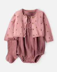 Baby Girl 3-Piece Acorn Print Short-Sleeve Dress Set - Pink