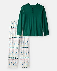 Adult Snowman Fair Isle Cotton Long-Sleeve Snug Fit 2-Piece Pajamas - Green/White