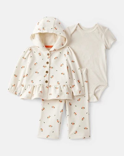 Baby Girl 3-Piece Floral French Terry Long-Sleeve Bodysuit & Pant Set - Ivory