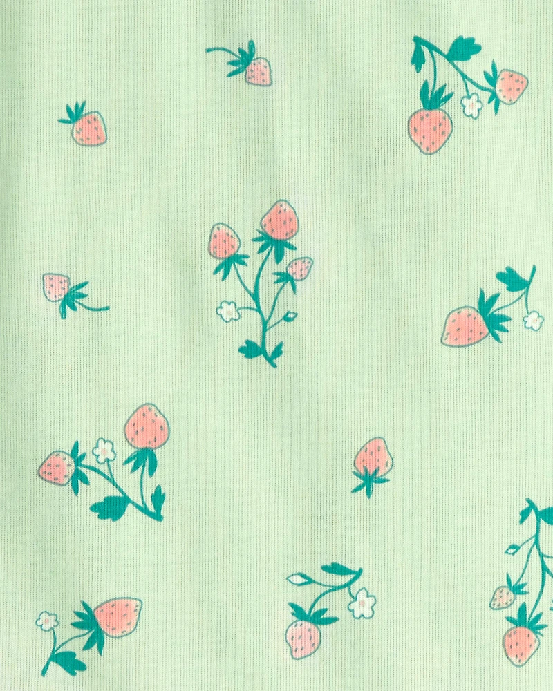 Girls Strawberry 100% Cotton Snug Fit 4-Piece Pajama Set - Green/Pink