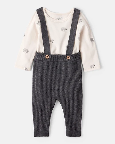 Baby Boy Sheep Print Cotton Long-Sleeve Overall Set - White/Grey