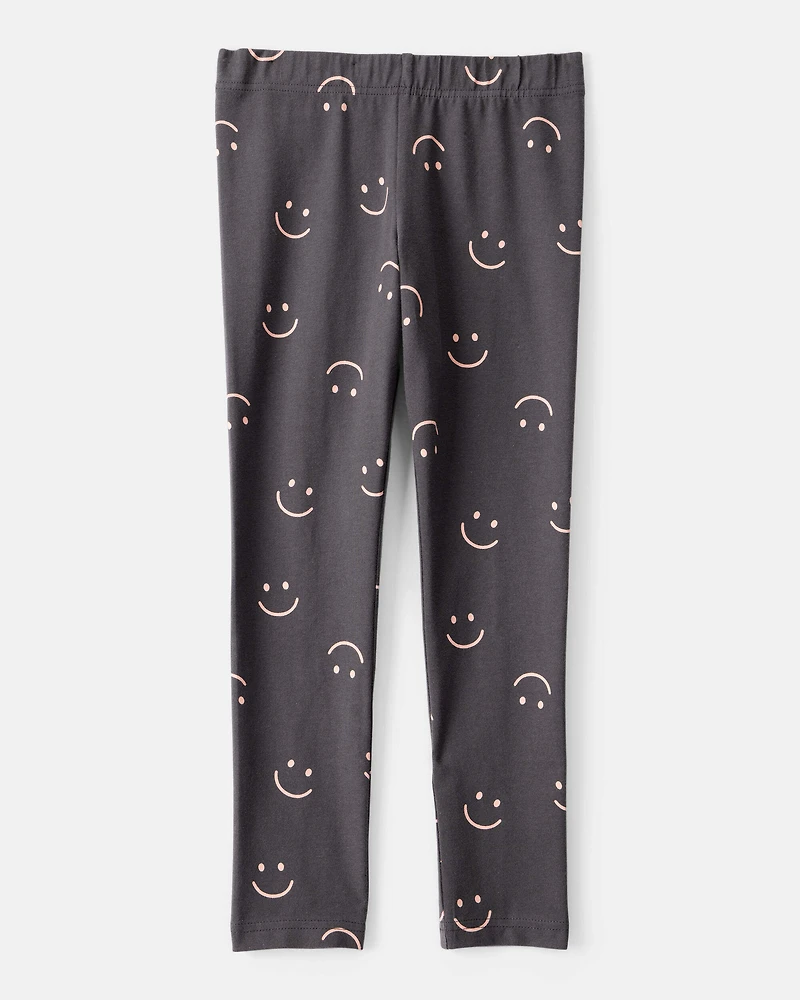 Girls Smiley Face Print Cotton Pull-On Stretch Leggings - Black