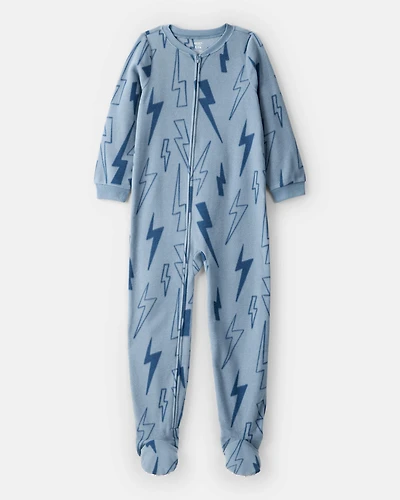 Boys Lightning Print Fleece Long-Sleeve Loose Fit 1-Piece Pajamas - Blue