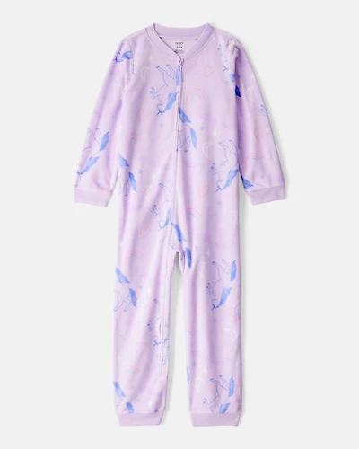 Girls Unicorn Print Loose Fit Long-Sleeve Zip-Up 1-Piece Pajamas - Purple
