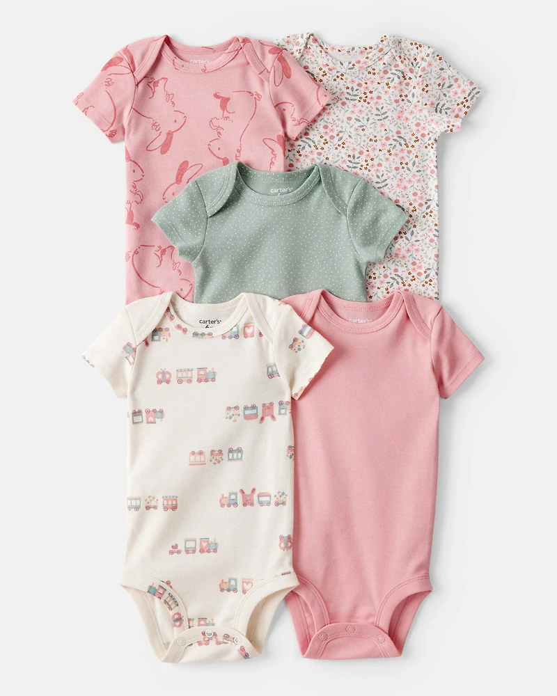 Baby Girl 5-Pack Train Floral Multipack Bodysuits - Green/Pink