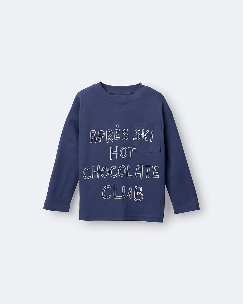 Toddler 'Hot Cocoa Club' Long-Sleeve Pocket Relaxed Graphic Tee - Dark Blue