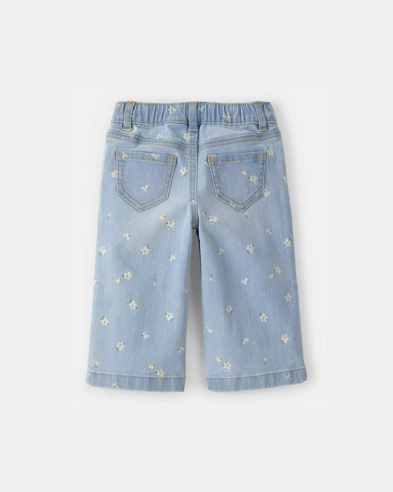 Baby Girl Floral Drawstring Wide-Leg Jeans - Light Wash