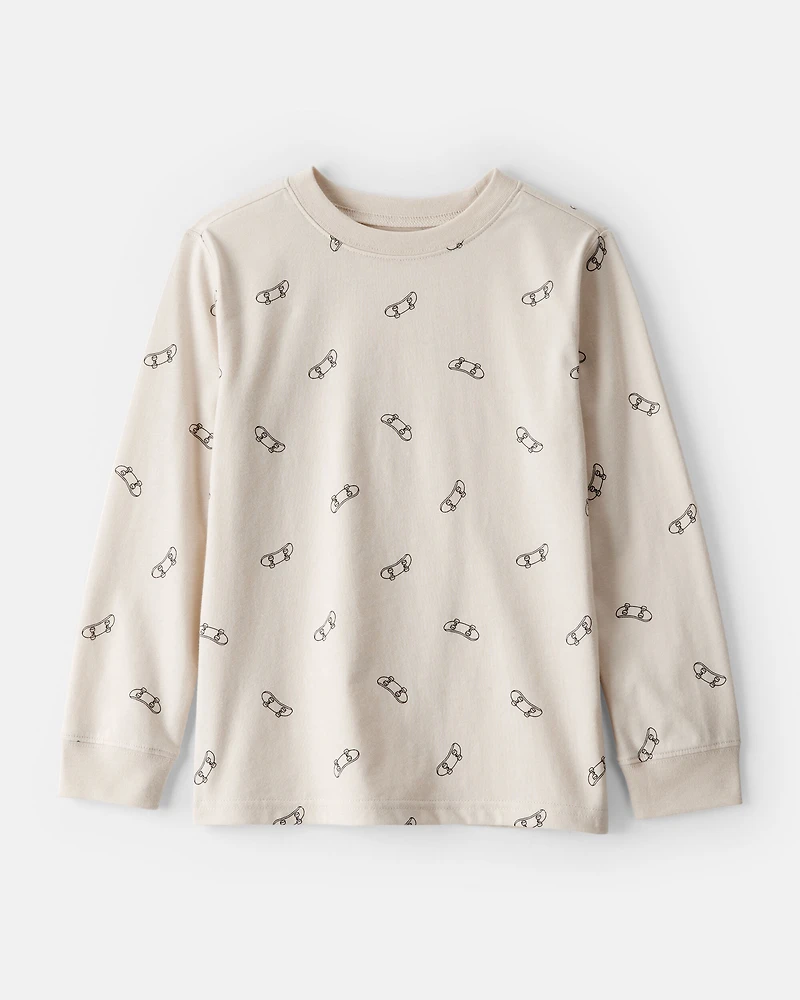Boys Skateboard Print Long-Sleeve Graphic Tee - Brown