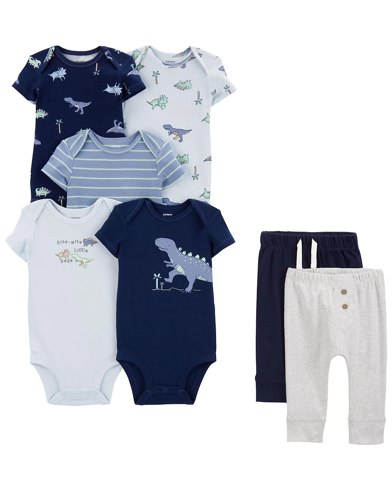 Baby 7-Piece Dinosaur Short-Sleeve Bodysuits & Pull-On Pants Set