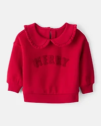 Baby Girl Fleece Christmas Merry Long-Sleeve Pullover Sweatshirt - Red