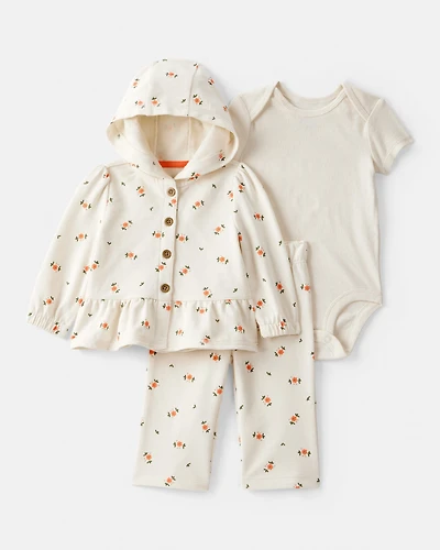 Baby Girl 3-Piece Floral French Terry Long-Sleeve Bodysuit & Pant Set - Ivory