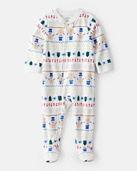 Toddler Snowman Fair Isle Fleece Long-Sleeve Loose Fit 1-Piece Pajamas - White