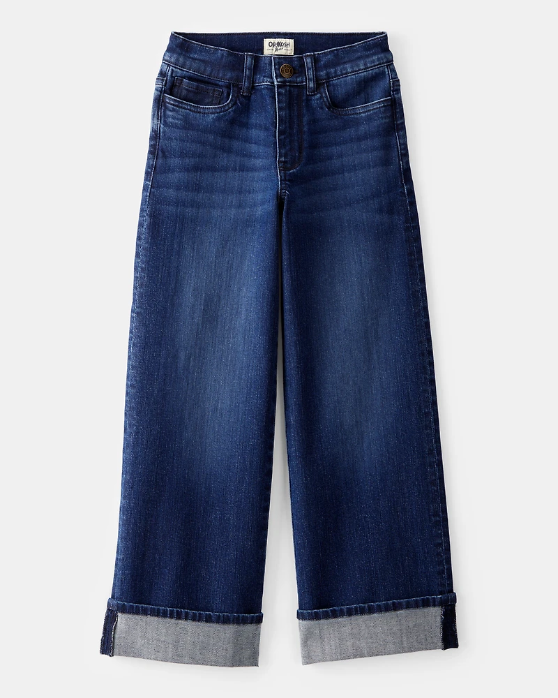 Kid Rigid Mid Rise Cuffed Wide Leg Jeans - Dark Wash