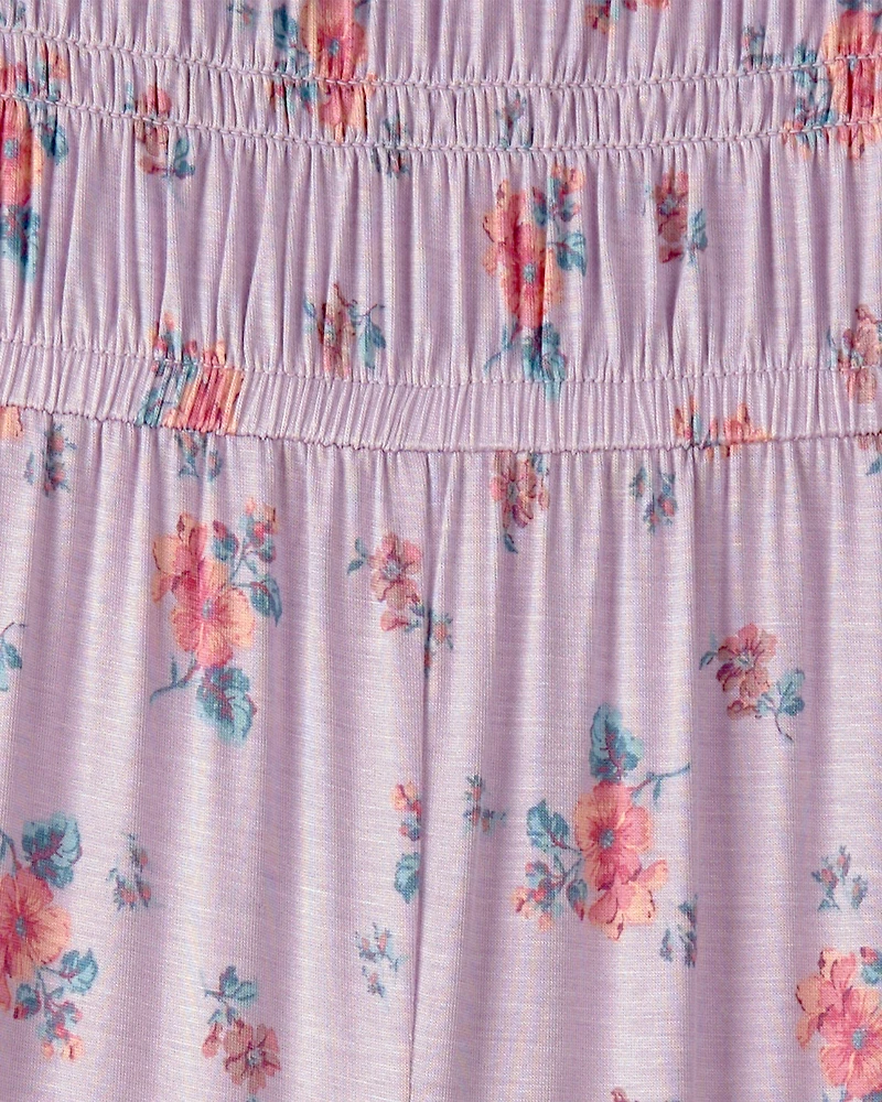 Girls Floral Smocked Jumpsuit - Purple