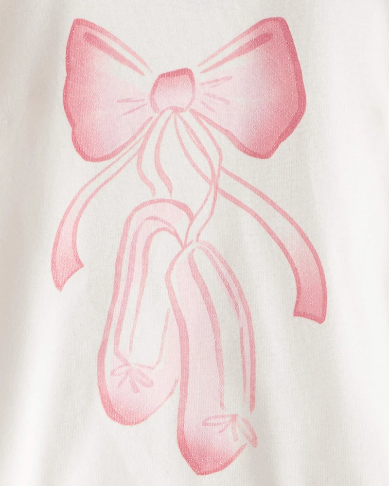 Toddler Girl Ballet Print 100% Cotton Long-Sleeve 4-Piece Pajamas - Pink/White