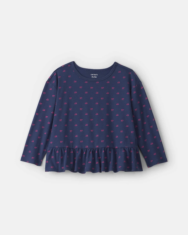 Toddler Girl Bow Long-Sleeve Peplum Top - Navy Blue