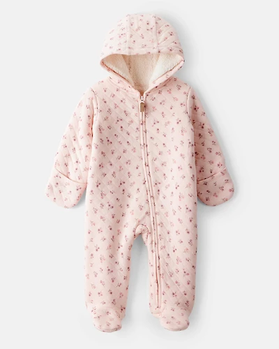 Baby Girl Floral Sherpa-Lined Long-Sleeve Hooded Jumpsuit - Pink