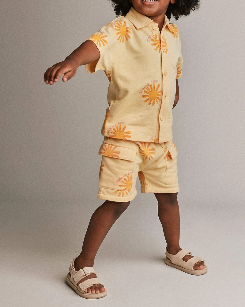 Toddler Boy French Terry Cargo Shorts in Sunny Life Print - Yellow