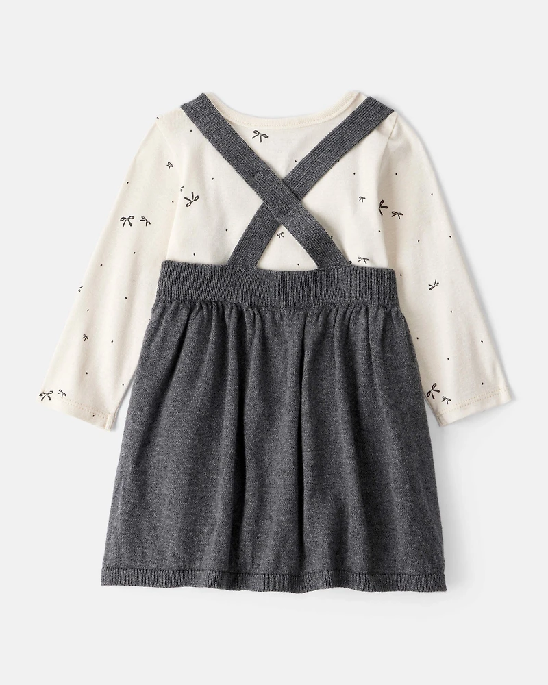 Baby Girl Bow Print Cotton Long-Sleeve Dress Set - Grey