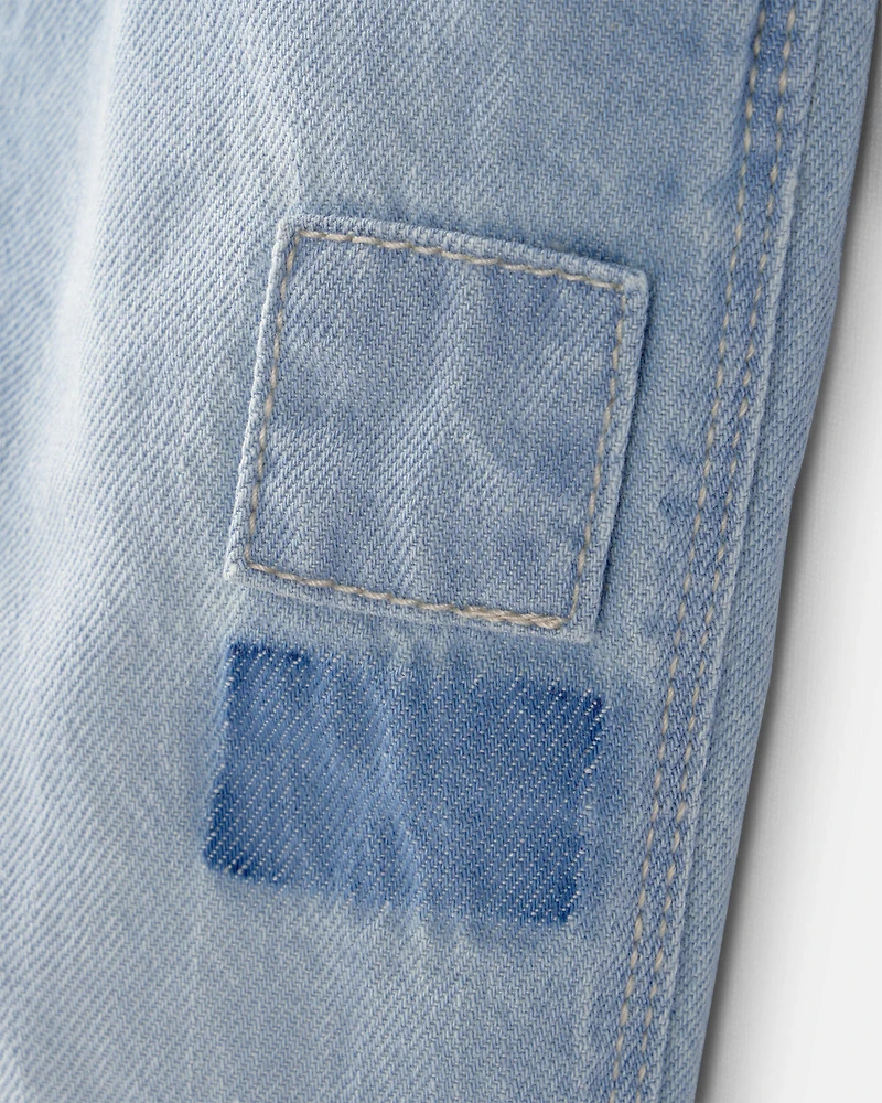 Baby Girl Denim Patch Overalls - Light Wash