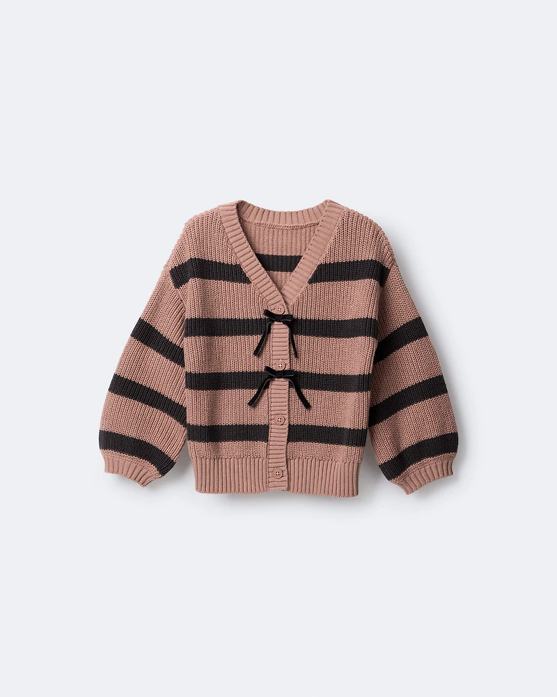 Toddler Girl Striped Puff-Sleeve Cardigan with Bows - Mocha Brown/Black