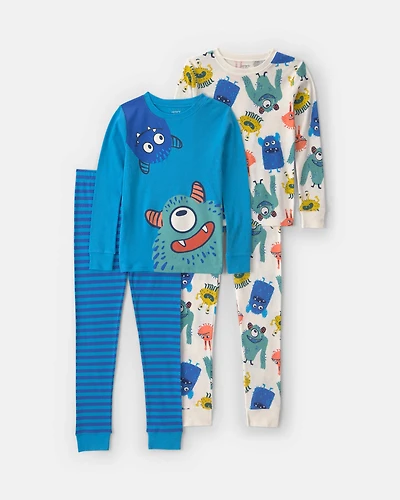 Boys 4-Piece Monster 100% Cotton Snug Fit Pajama Set - Blue