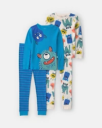 Boys 4-Piece Monster 100% Cotton Snug Fit Pajama Set - Blue