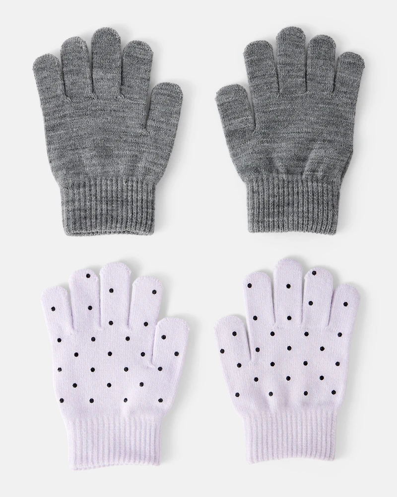 Girls 2-Pack Cat Polka Dot Winter Gloves- Purple/Grey