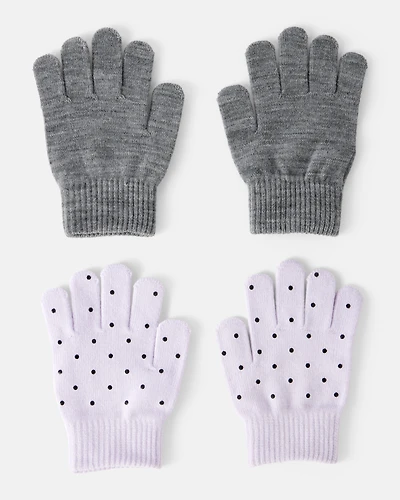 Girls 2-Pack Cat Polka Dot Winter Gloves- Purple/Grey