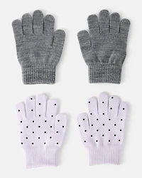 Girls 2-Pack Cat Polka Dot Winter Gloves- Purple/Grey