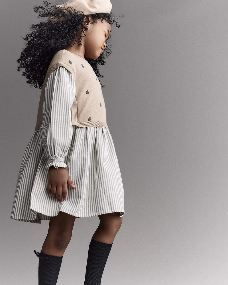 Toddler Girl Polka Dot Layered Sweater Long-Sleeve Dress - Brown/Cream