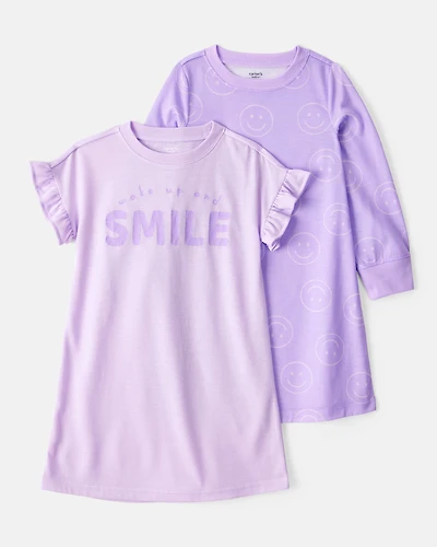 Girls 2-Pack Smiley Face Nightgowns - Purple