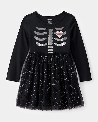 Toddler Halloween Skeleton Glitter Tulle Dress - Black