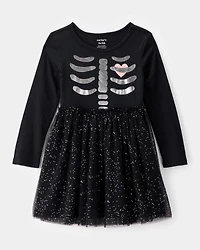 Toddler Halloween Skeleton Glitter Tulle Dress - Black