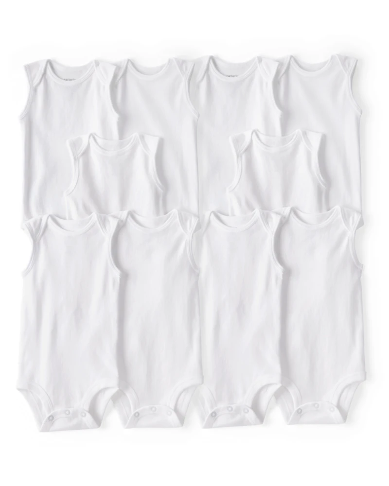 Baby 10-Pack Sleeveless Cotton Bodysuits - White