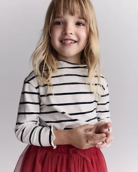 Toddler Girl Striped Mock Neck Ruffle Long-Sleeve Top - Black/White