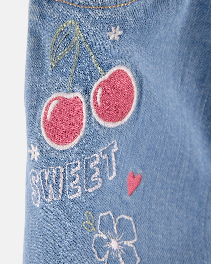 Girls Cherry Denim Embroidered Midi Shorts - Medium Wash