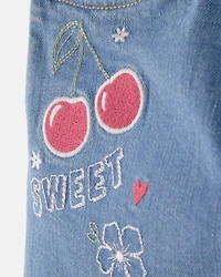 Girls Cherry Denim Embroidered Midi Shorts - Medium Wash