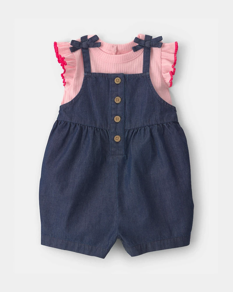 Baby Girl 2-Piece Chambray Romper Set - Pink/Blue