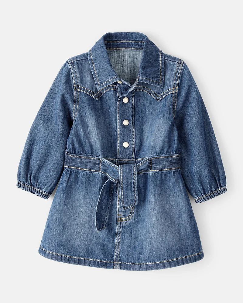 Baby Girl Cotton Denim Long-Sleeve Dress - Blue