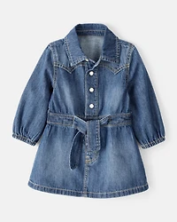 Baby Girl Cotton Denim Long-Sleeve Dress - Blue