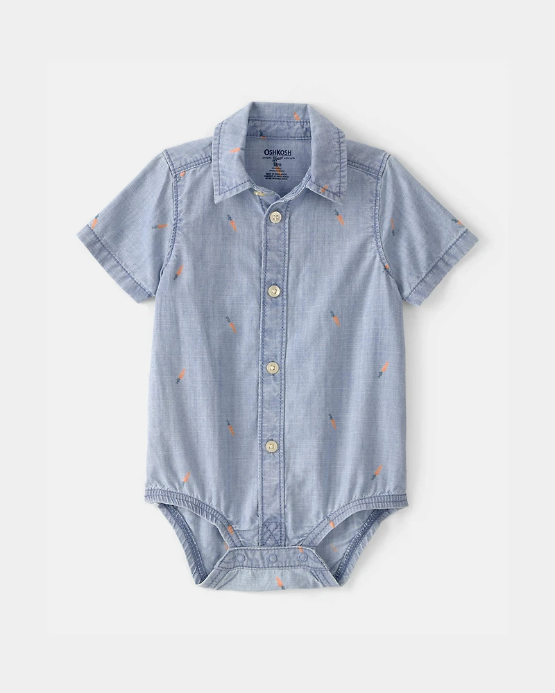 Baby Boy Easter Carrot Chambray Short-Sleeve Button-Down Bodysuit - Light Wash