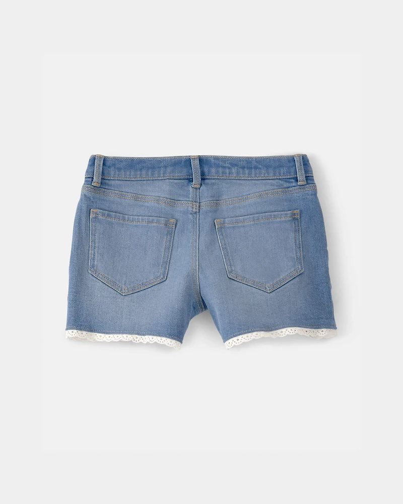 Girls Eyelet Trim Denim Shorts - Medium Wash